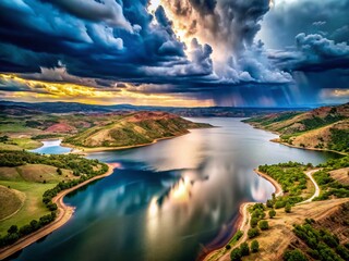 Obraz premium Dramatic Storm Clouds over Horsetooth Reservoir, Fort Collins, Colorado Aerial View