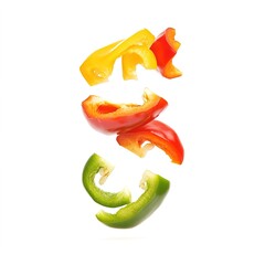  Sliced Bell Peppers Falling Down &ndash; Fresh, Colorful Vegetables, Dynamic Motion, Healthy, Natural Food, Isolated on White Background