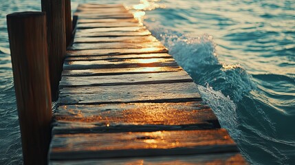 Fototapeta premium Golden Sunset Pier: Wooden planks meet turquoise waves in a tranquil seascape.