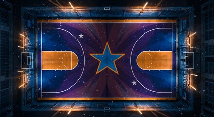Aerial shot of a basketball court featuring a large central star design surrounded by glowing lights and cosmic decorations, creating a unique and visually stunning sports-themed concept