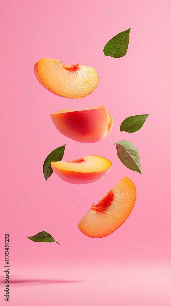 Aufkleber ripe peach slices and a half peach adorned with fresh leaves float gracefully against a vibrant pink