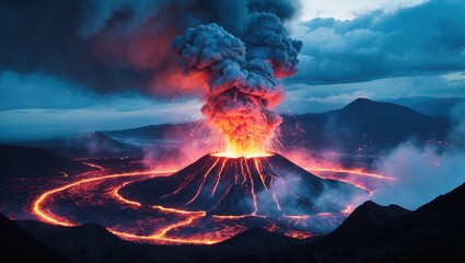 Fototapeta premium Majestic Volcano Eruption: Nature's Fiery Display