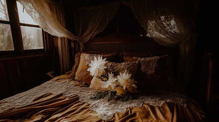 Rustic bedroom interior, cozy bed, natural light.