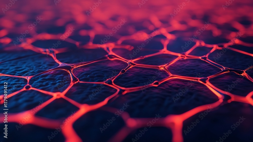 Poster futuristic peptide molecule visualization with glowing atomic bonds and abstract biological patterns