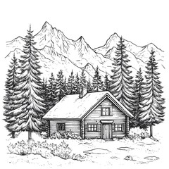 A line drawing of a mountain cabin surrounded by tall pine trees.