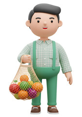 3D Cartoon-Style Male Character with a Mesh Bag of Colorful Fruits