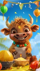 Fototapeta premium Festive cartoon cow celebrating harvest festival with colorful decorations.