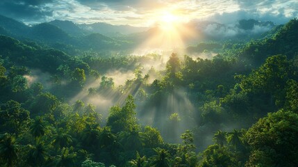 Epic sunrise over pristine rainforest canopy with misty morning rays