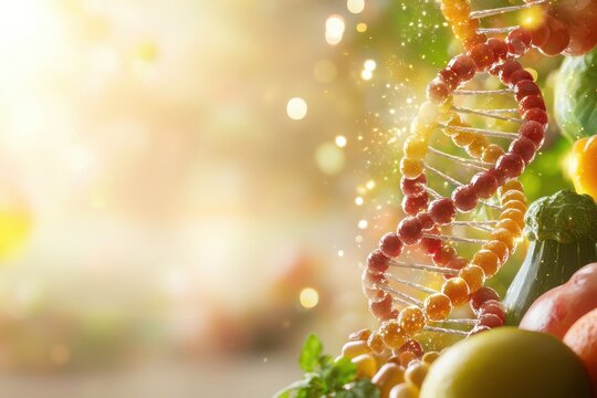 Fruits and vegetables forming dna helixes nature digital art lush environment close-up view health concept - Powered by Adobe