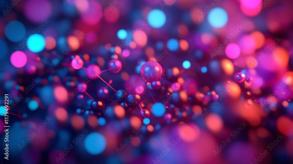 Poster vibrant futuristic peptide network abstract representation with dynamic glowing bonds and particles