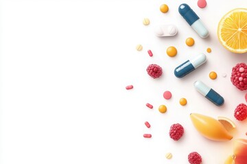 Vibrant health supplements and fresh fruits kitchen table flat lay photography bright environment aesthetic view wellness concept