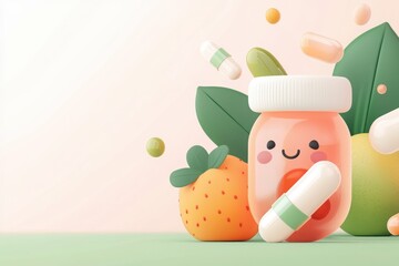 Naklejka premium Cheerful fruits and happy dna strands in a health jar vibrant setting 3d illustration playful concept
