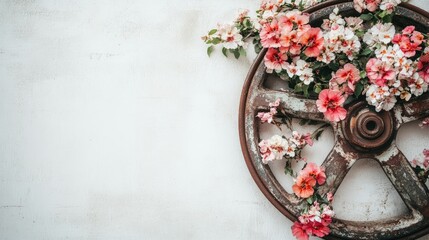 Close-up of a weathered wheel rim covered with fresh flowers, against a minimal white wall with room for copy space.