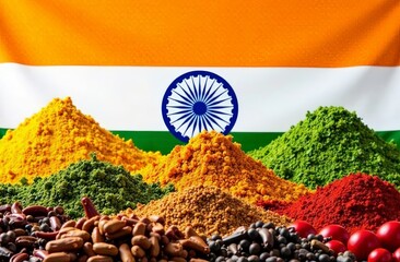 Indian Republic Day concept in national colours. Indian spices turmeric, cardamom, coriander, cumin, cloves, chilli, curry leaves stacked horizontally on blurred background of Indian flag
