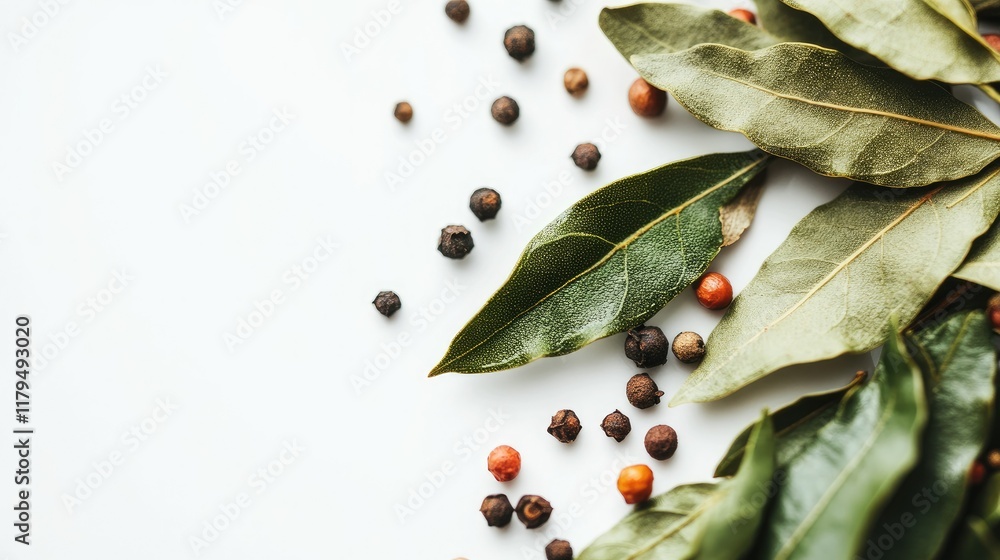 Poster close-up of bay leaves in sharp focus, with contrasting spilled spices adding texture against a clea