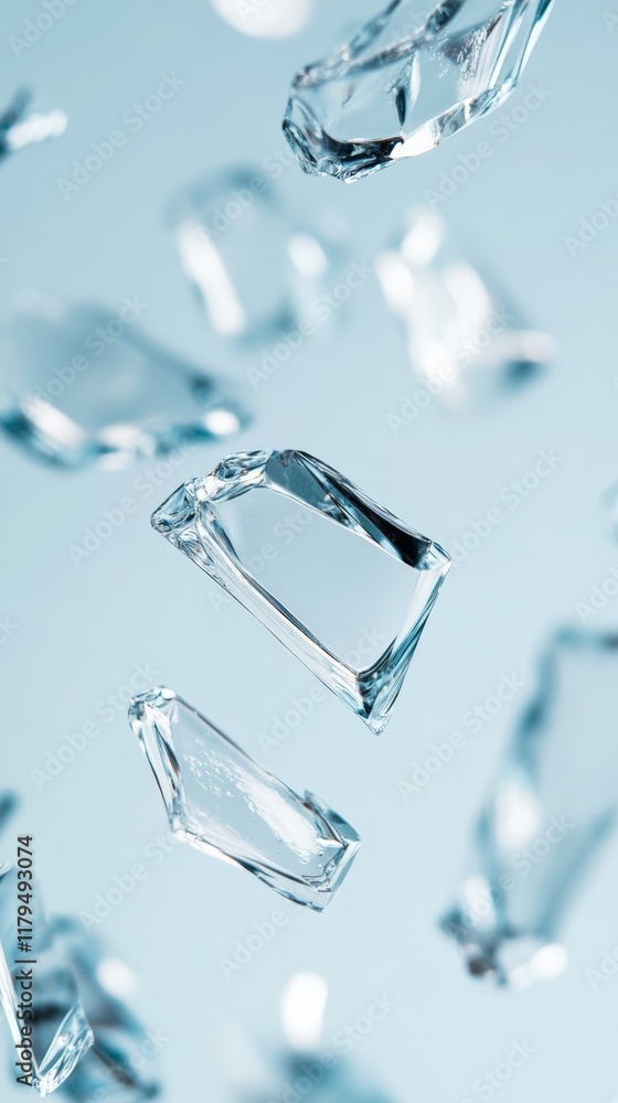 Poster ice shards of varying sizes and shapes levitating against a soft blue background, creating a captiva
