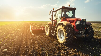 Obraz premium Red tractor plowing field at sunrise: agricultural landscape and rural farming scene.