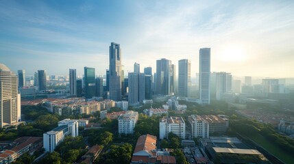 Fototapeta premium Singapore Skyline Modern Skyscrapers, Lush Greenery, Sunrise Glow