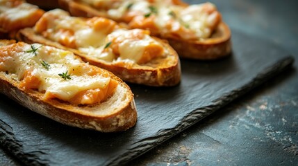 Close-up of salmon and cheese baguette appetizers on a rustic slate board, styled in a vintage tone with soft shadows and copy space.