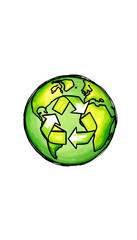 Fototapeta premium Green planet Earth with recycling symbol., color sketch, with white tones
