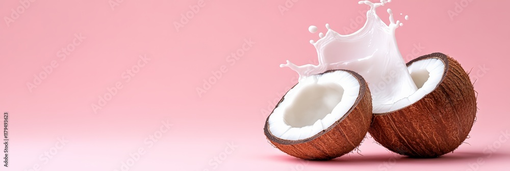 Poster two halves of freshly cracked coconut levitate on a pink background, with coconut milk splashing bet