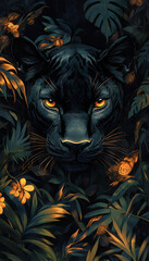Majestic black panther portrait nestled amongst lush, golden-lit tropical foliage.  Dark, moody, and mysterious wildlife art.