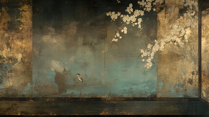 Japan, Japanese pattern, art, folding screen picture, gold, wabi, rust, Japanese spirit, Japanese painting, ink painting, ink painting, classic, ancient art, nightingale, bird, plant, vase, flower,