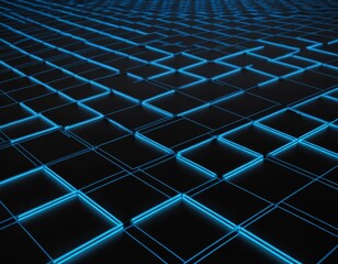 Abstract Blue Neon Grid, Futuristic Geometric Pattern, Dark Background, 3D Render