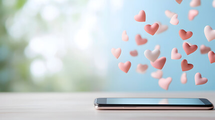 A stream of pink and white hearts floating above a smartphone on a light background. Ideal for use in social media designs or Valentine's Day marketing. Love at a distance concept. Selective focus