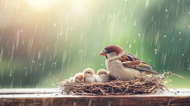 Sparrow sheltering chicks from rain, resilience in care, 3D illustration