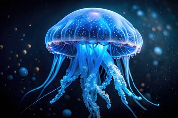 Naklejka premium A blue jellyfish's ethereal glow captivates in a low-light night dive.