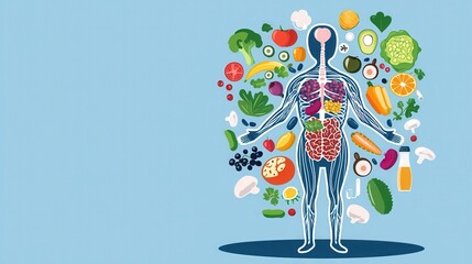 Energized cartoon human body surrounded by nutritional food vibrant colors illustration health concept digital art