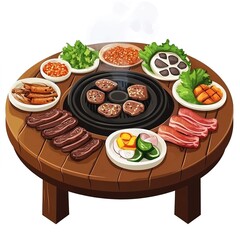 South Korea Korean BBQ 3D Cartoon Style Illustration &ndash; Traditional Grill, Delicious Meat, and Vibrant Korean Cuisine