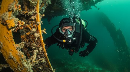 An experienced diver goes into the depths of the ocean, equipped with scuba gear and explores the underwater world