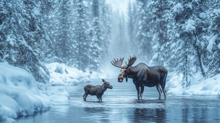 A moose and her calf wading through deep snow in a serene, winter forest.