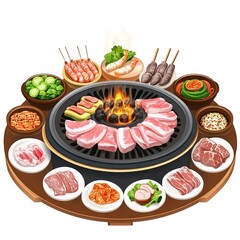 South Korea Korean BBQ 3D Cartoon Style Illustration &ndash; Traditional Grill, Delicious Meat, and Vibrant Korean Cuisine