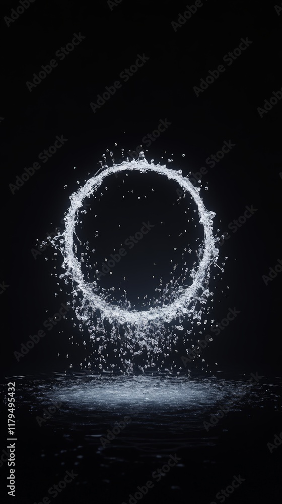 Poster Dynamic ring of splashing water against a deep black background, creating a captivating display of fluid motion, shimmering droplets, and striking contrasts in energy and purity