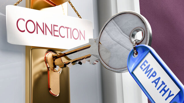 Empathy leads to Connection - it's a key to unlock connection. A door key metaphor showing how empathy is a key to access connection. It's a necessary element to open connection. ,3d illustration