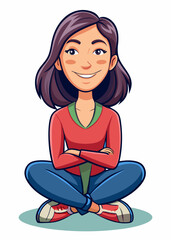 Fototapeta premium Relaxed woman sitting cross-legged with a happy smile, expressing tranquility and comfort. Young female meditating, enjoying calmness and mental clarity. 