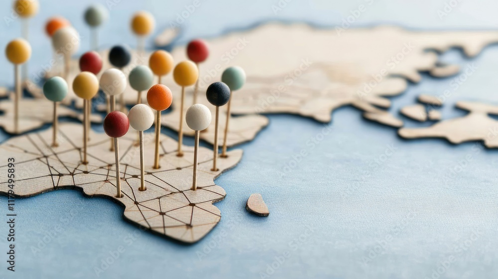 Poster colored pins on a world map create an abstract representation of global connections, highlighting ne