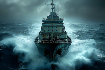A weathered cargo ship battles a raging storm at sea, waves crashing against its hull. The dark, dramatic scene evokes a sense of peril and the untame