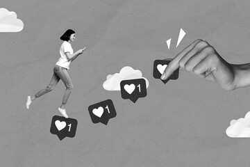 3d retro creative collage artwork of smiling happy lady walking typing instagram telegram february...