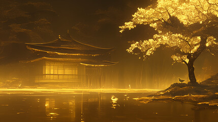 Japan, Japanese pattern, art, folding screen picture, gold, wabi, rust, Japanese spirit, Japanese painting, ink painting, ink painting, classic, ancient art, nightingale, bird, plant, vase, flower,