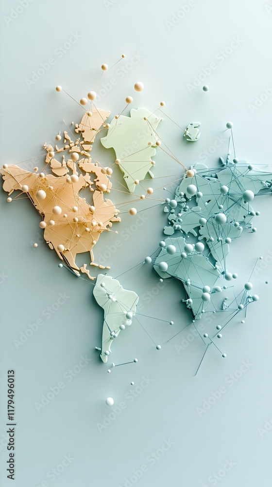 Poster colored pins on a world map create an abstract representation of global connections, highlighting ne