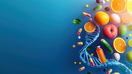 Vibrant cartoon fruits and vegetables forming glowing dna structure colorful background digital art health concept creative viewpoint