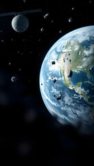 Naklejka premium Space junk (pollution) orbiting earth, blurry foreground, with white tones