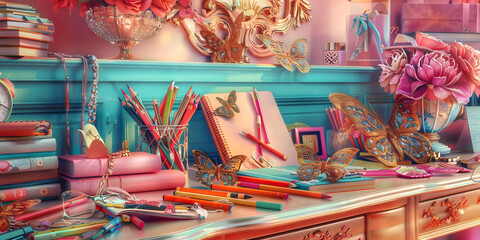Fototapeta premium Still Life of Vanity Table with Stationery, Books, and Decorative Butterflies