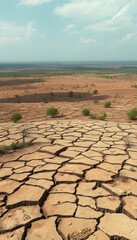 Fototapeta premium Panorama dry land is broken into sheets, unable to farm or sustain life due to deforestation. greenhouse effect or environmental pollution, vintage, with white tones