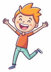 Naklejka premium Happy kid jumping with joy, arms outstretched and wide grin. Cheerful child celebrating excitement, young boy with big smile expressing happiness in playful pose.