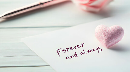 A heartfelt note with 'forever and always' written beside a soft pink heart and a stylish pen, creating a romantic mood. Perfect for love-themed designs or anniversary cards. Selective focus